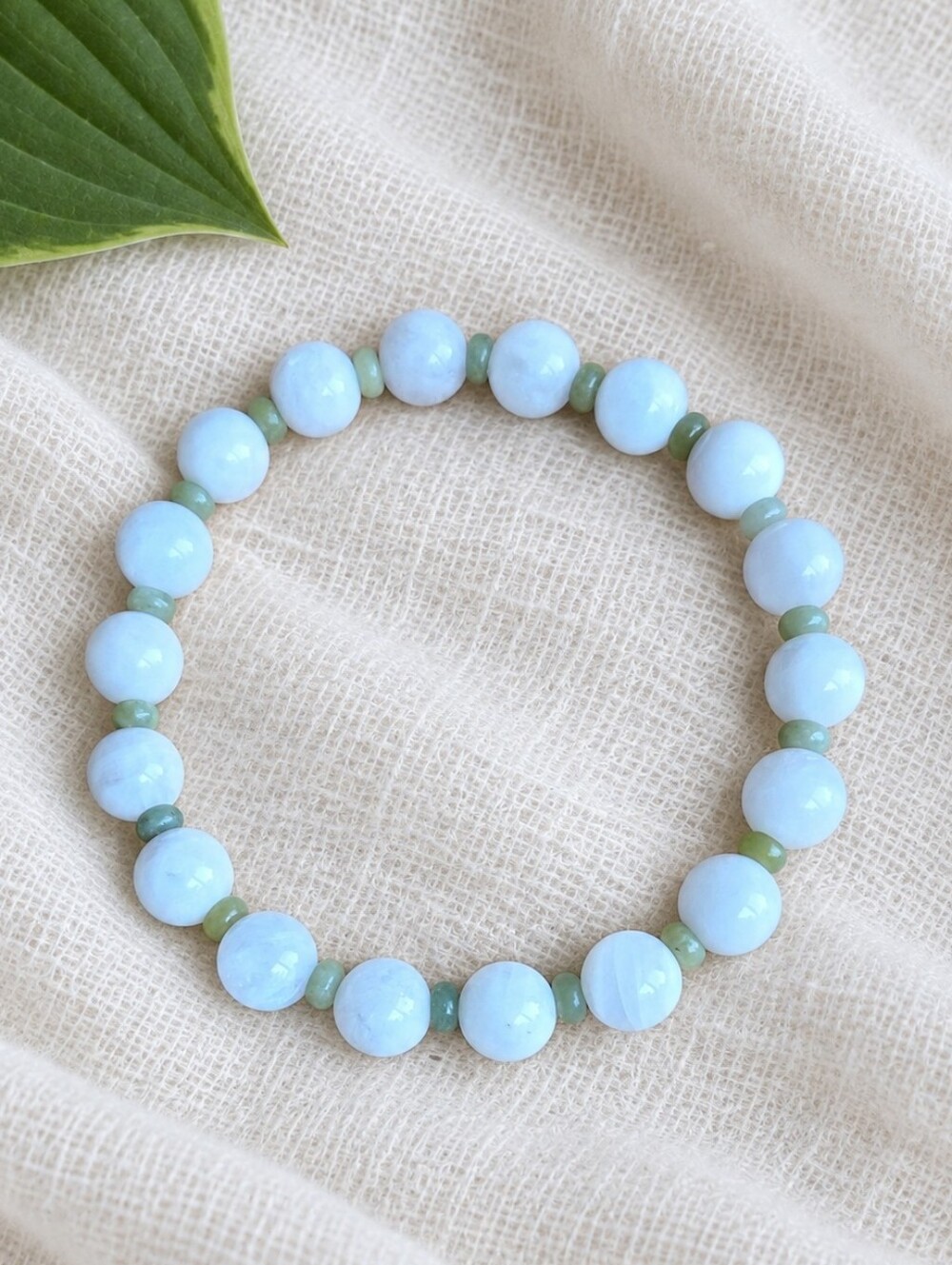 White Moonstone & Green Jade Beaded Stretch Bracelet | Handmade
